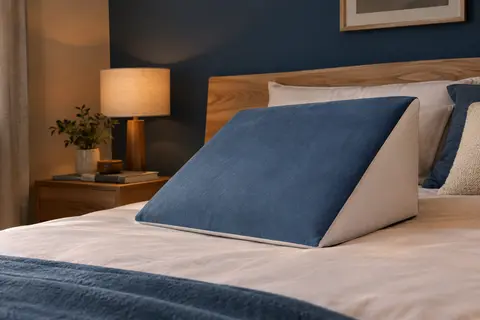 Coussin triangulaire incliné bleu et blanc posé sur un lit dans une chambre à la lumière douce