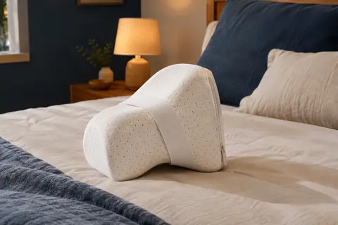 Coussin blanc ergonomique en mousse à mémoire de forme, avec sangle élastique et housse zippée.