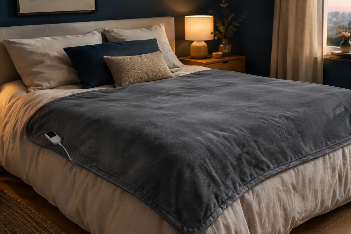 Couverture chauffante grise déployée sur un lit dans une chambre à la lumière douce du soir