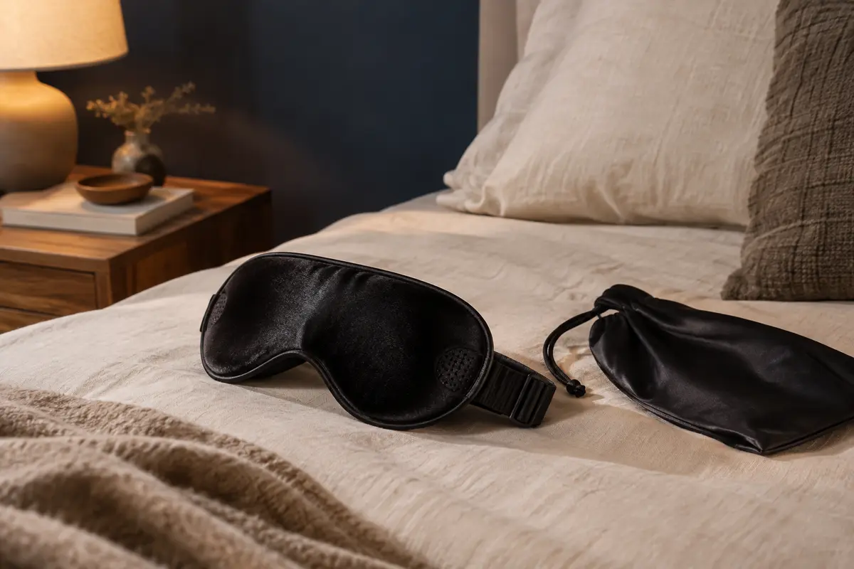 Masque de sommeil noir en soie avec écouteurs intégrés, posé sur un lit dans une chambre aux tons bleu encre et crème.