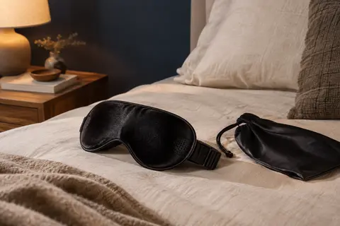 Masque de sommeil noir en soie avec écouteurs intégrés, posé sur un lit dans une chambre aux tons bleu encre et crème.