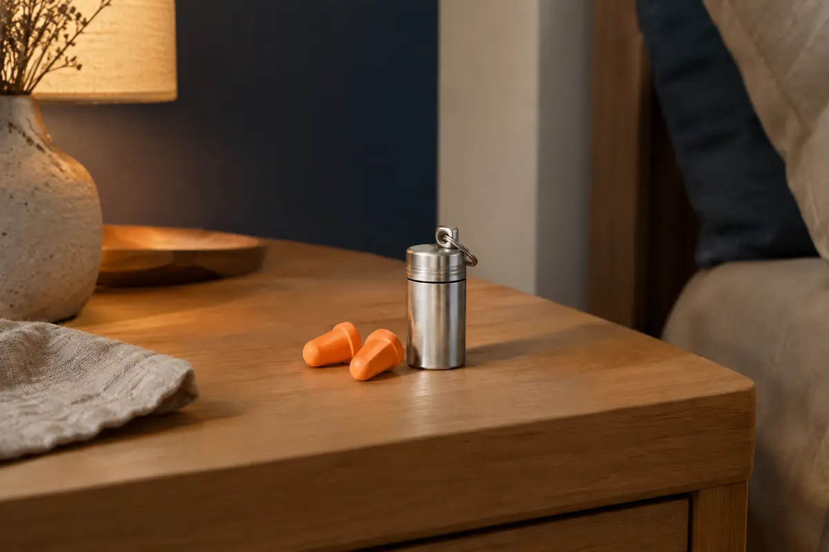 Bouchons d’oreilles coniques en mousse orange et petit étui de transport en aluminium sur une table de chevet.