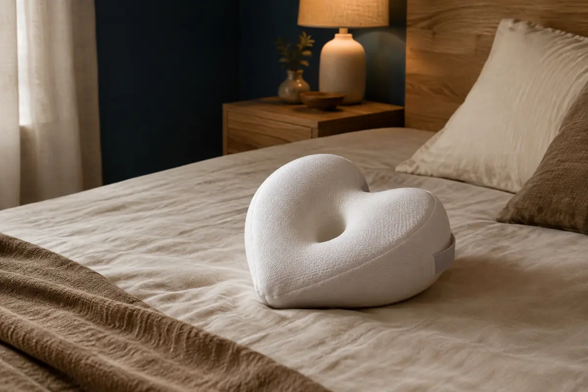 Coussin blanc en forme de cœur avec sangle élastique posé sur un lit aux draps crème