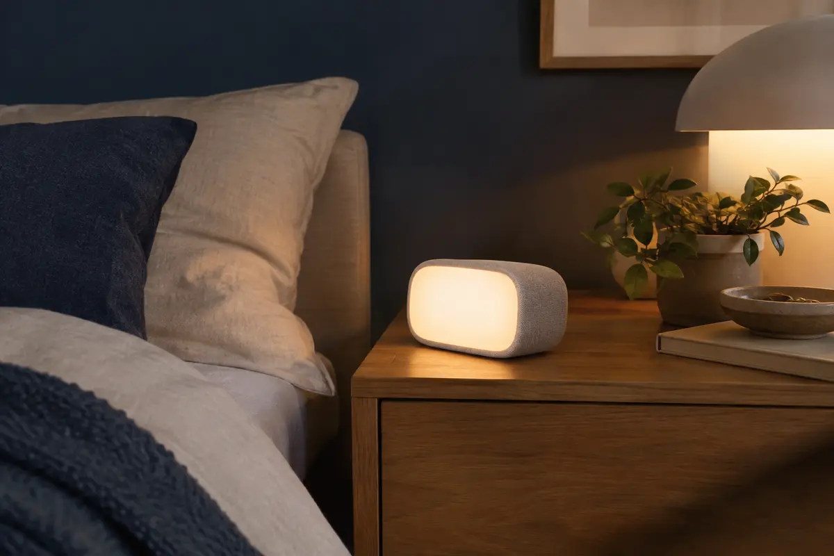 Réveil lumineux blanc à extérieur textile posé sur une table de chevet en bois dans une chambre calme.
