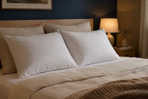 Deux oreillers blancs en microfibre posés sur un lit dans une chambre aux tons crème et bleu encre.