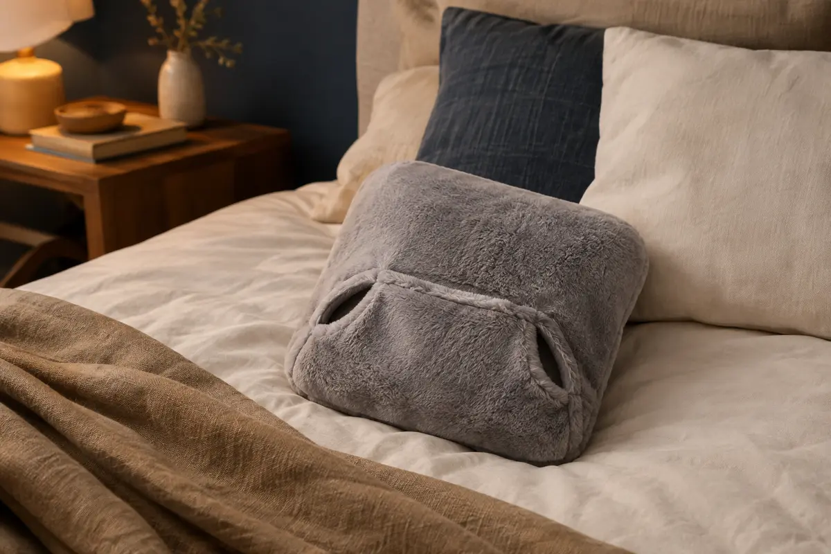 Bouillotte grise à housse moelleuse avec poche kangourou posée sur un lit dans une chambre calme.
