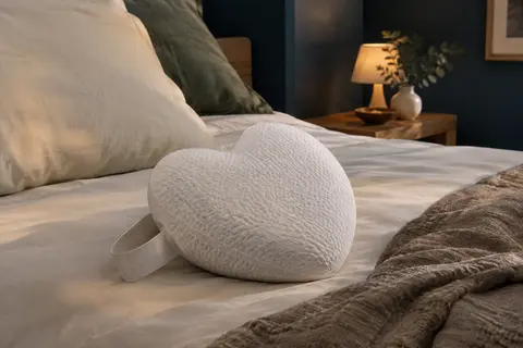 Coussin de genoux blanc en forme de cœur avec sangle, posé sur un lit aux tons crème.
