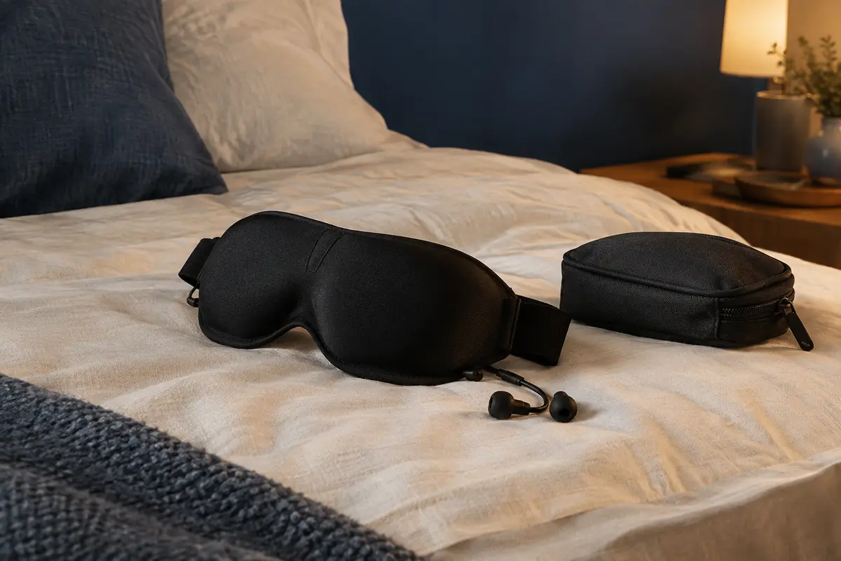 Masque de sommeil noir à contour 3D et écouteurs Bluetooth posé sur du linge de lit crème