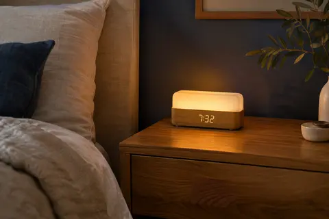 Réveil lumineux à finition bois naturelle posé sur une table de nuit dans une chambre calme.