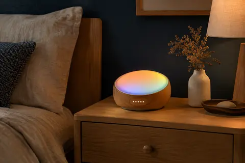 Réveil simulateur d’aube à texture bois avec écran LED et anneau lumineux posé sur une table de chevet