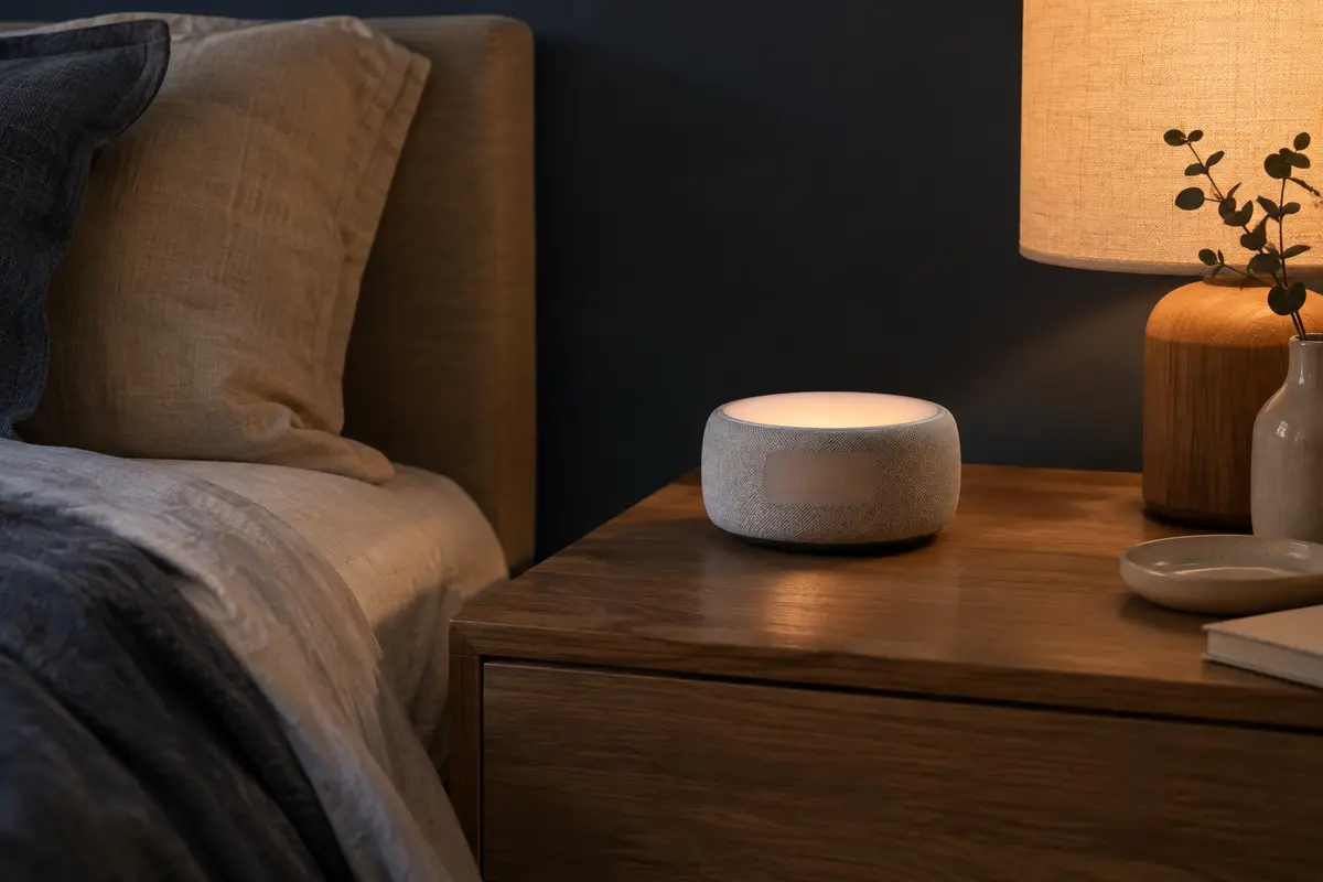 Réveil simulateur d’aube gris en tissu, posé sur une table de chevet dans une chambre à lumière douce.