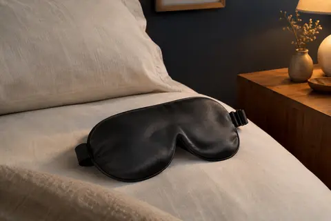 Masque de sommeil noir en soie de mûrier, rembourré et doté d’un pont nasal et d’une sangle réglable.