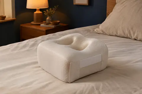 Oreiller de jambes blanc à double évidement et sangle élastique posé sur un lit clair