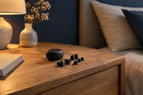 Bouchons d’oreilles filtrants noirs en silicone et embouts de tailles variées près de leur boîte