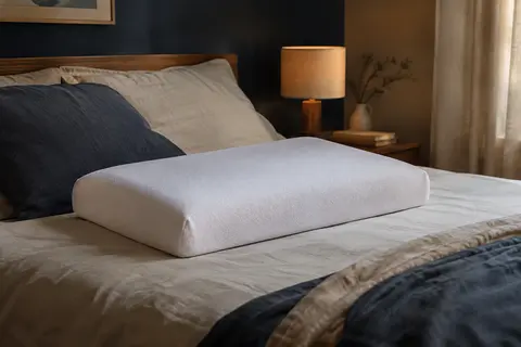 Oreiller blanc à mémoire de forme posé sur un lit dans une chambre aux tons bleu encre et crème.