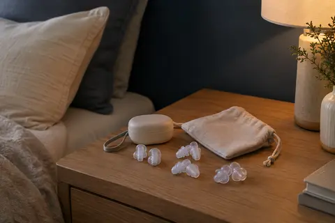 Paires de bouchons d’oreilles transparents en silicone avec leur étui et leur pochette sur une table de chevet