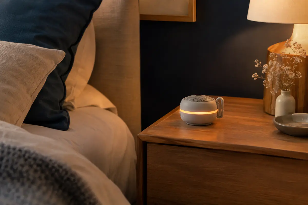 Générateur de bruit blanc portable avec clip et veilleuse ambrée posé sur une table de chevet