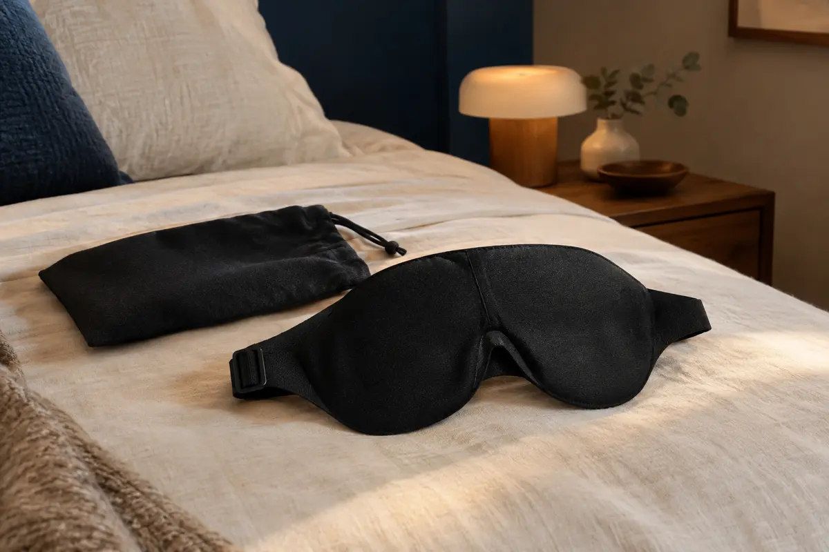 Masque de sommeil noir en coton avec sangle réglable, posé sur une literie claire dans une chambre tamisée.