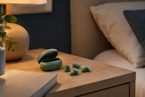 Bouchons d’oreilles verts en silicone souple avec leur étui de voyage, posés sur une table de chevet