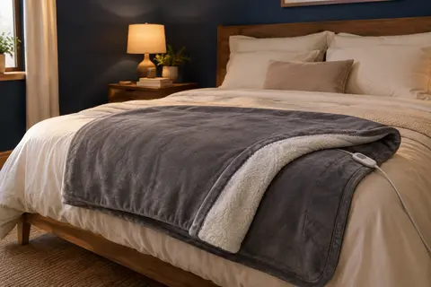 Couverture chauffante grise en flanelle et sherpa posée au pied d’un lit dans une chambre calme.