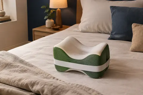 Coussin entre les genoux blanc et vert à mémoire de forme, posé sur un lit dans une chambre calme.