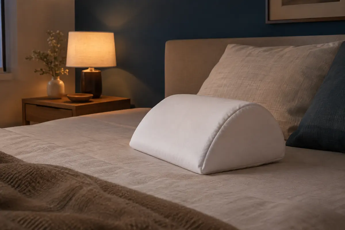Coussin incliné semi-circulaire blanc Mimuselina posé sur un lit dans une chambre calme