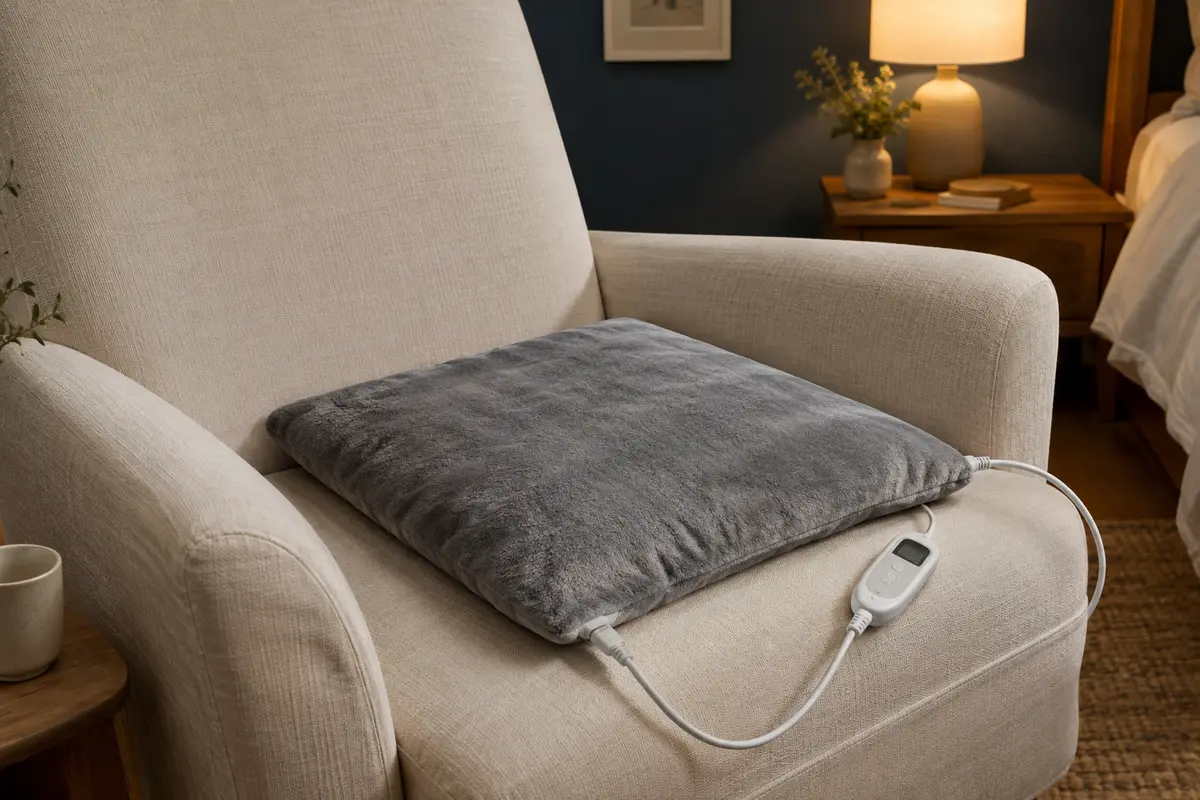 Coussin chauffant carré gris en peluche, posé sur un fauteuil avec sa commande détachable
