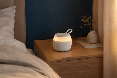 Machine à bruit blanc blanche avec boucle de suspension et veilleuse ambrée, posée sur une table en bois.