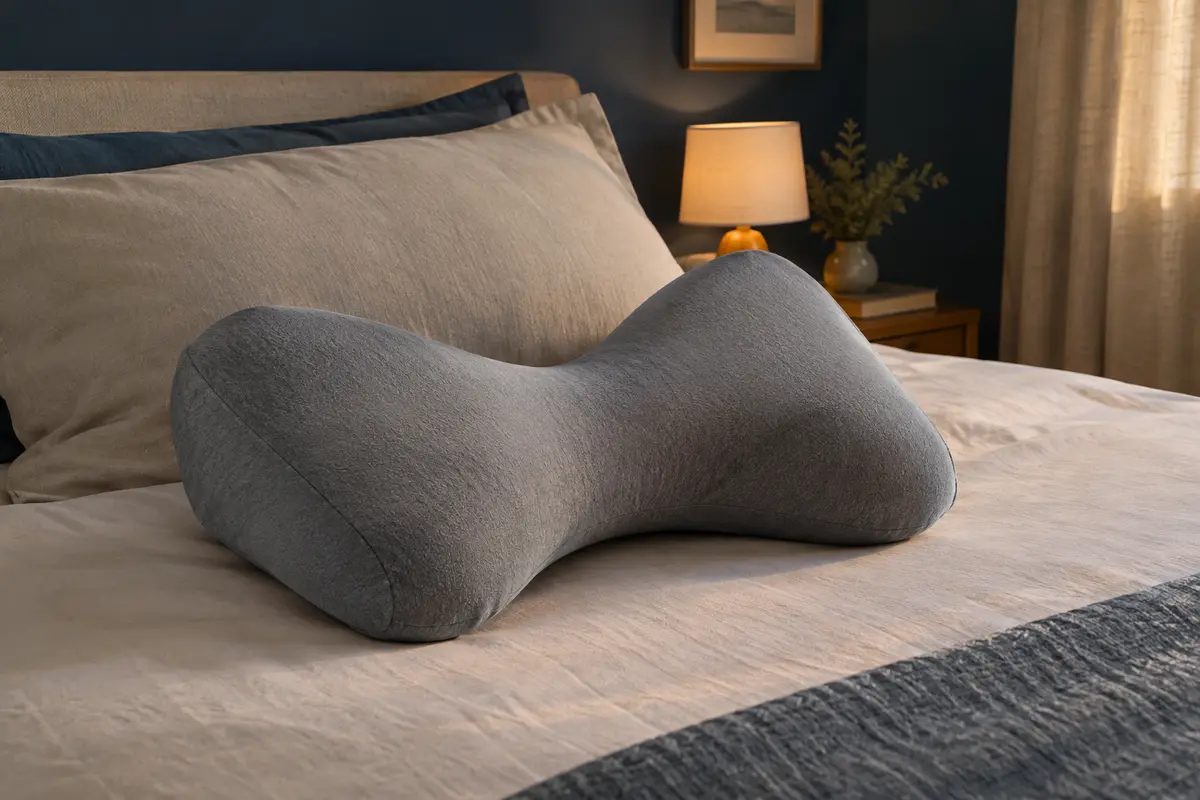 Oreiller cervical gris en forme papillon posé sur un lit dans une chambre aux tons doux