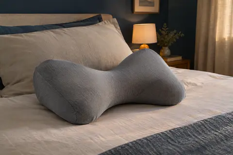 Oreiller cervical gris en forme papillon posé sur un lit dans une chambre aux tons doux