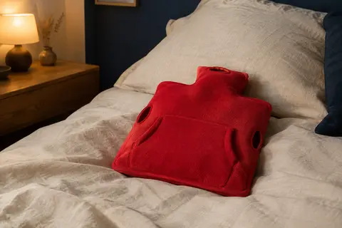 Bouillotte à eau rouge avec housse polaire et poche kangourou, posée sur un lit aux draps en lin crème.