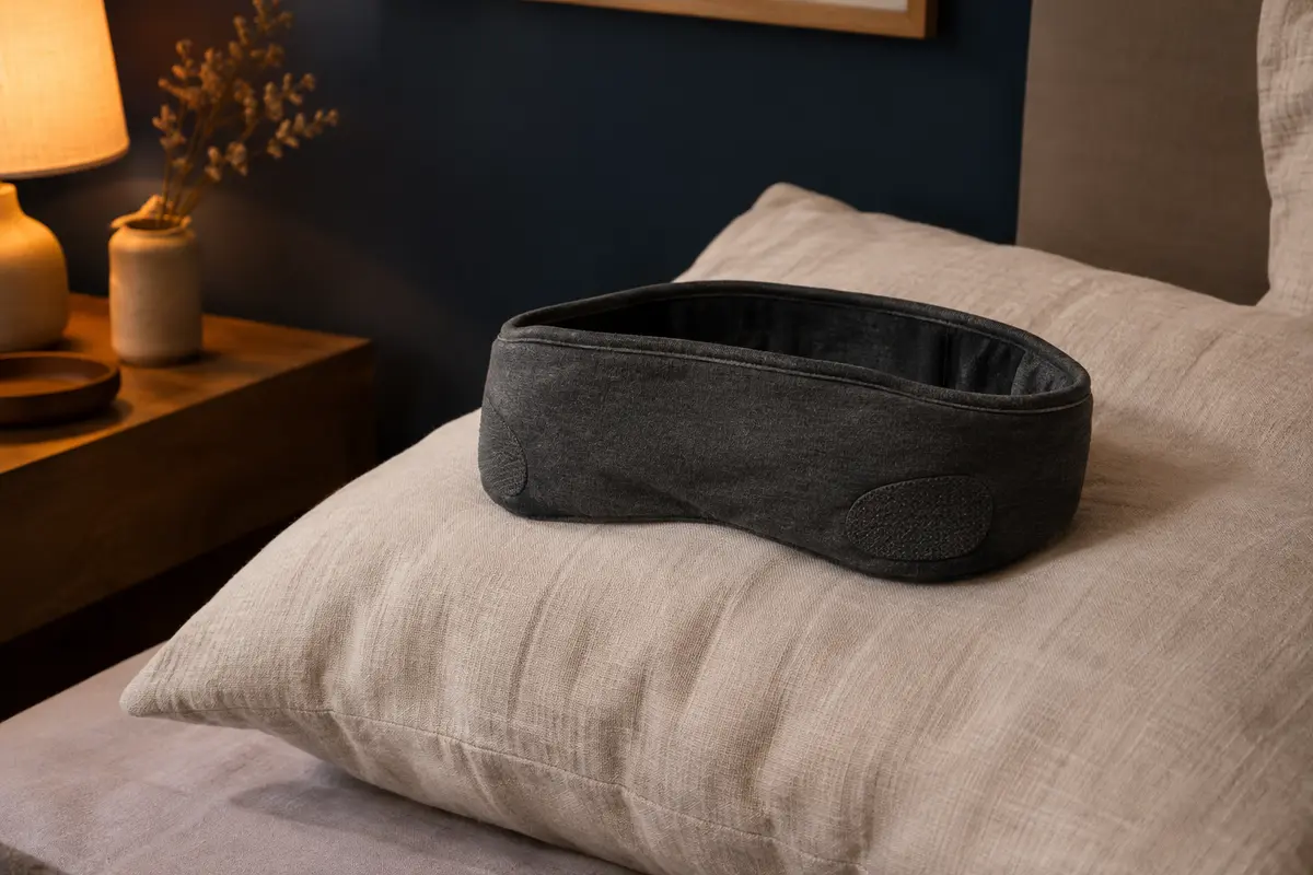 Bandeau audio gris foncé Musicozy posé sur un oreiller en lin dans une chambre à la lumière douce