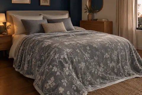 Couverture chauffante grise et blanche à motif floral disposée sur un lit dans une chambre calme