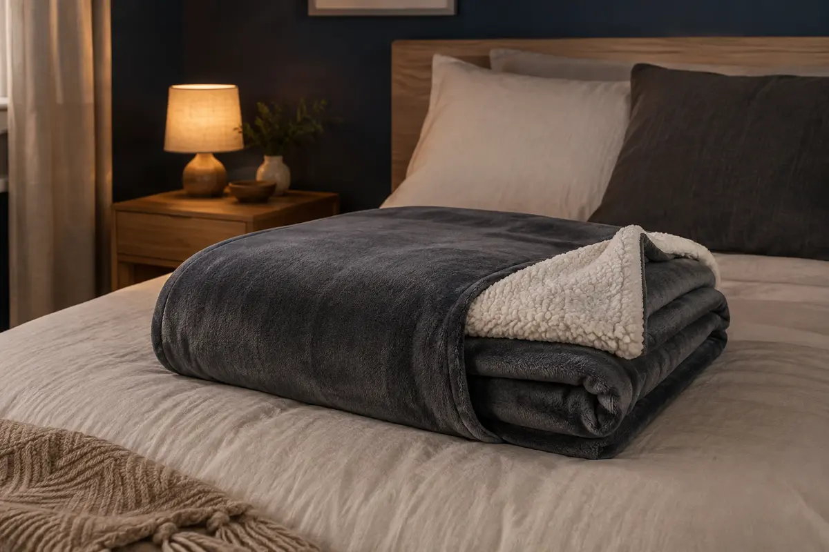 Couverture chauffante gris foncé aux faces flanelle et sherpa, pliée sur un lit dans une chambre calme.