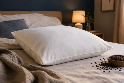 Oreiller blanc à housse en bambou posé sur un lit, avec quelques coques de sarrasin visibles à côté