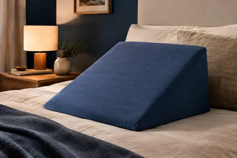 Coussin incliné en mousse bleu avec housse en coton, posé sur un lit dans une chambre tamisée.