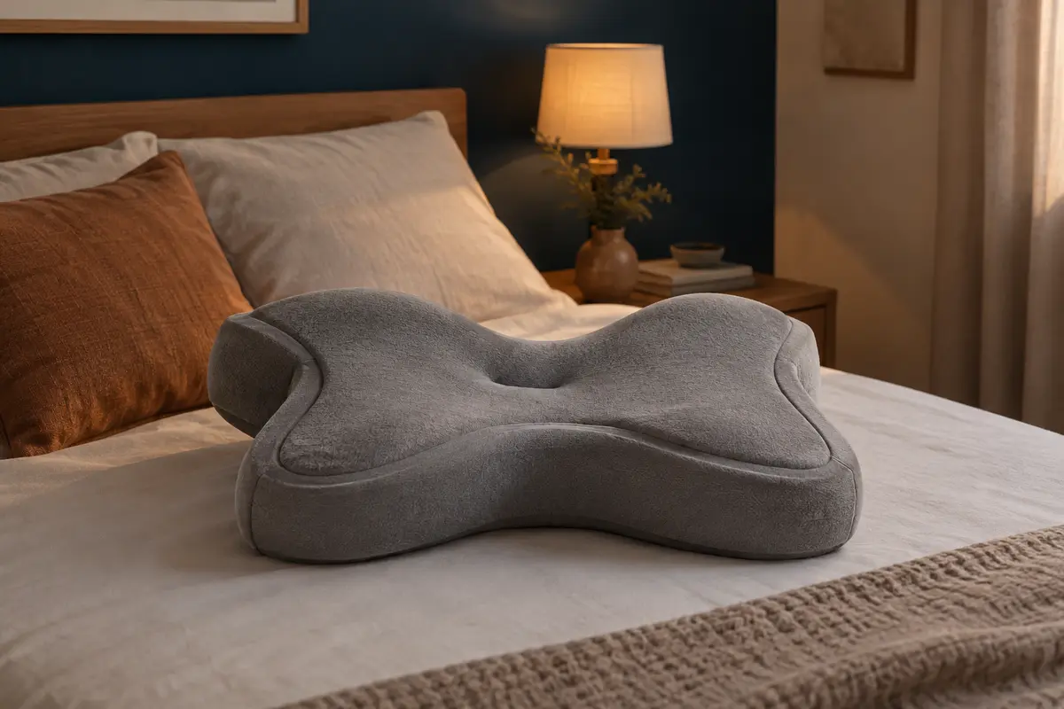 Oreiller ergonomique gris à forme papillon posé sur un lit dans une chambre aux tons doux.