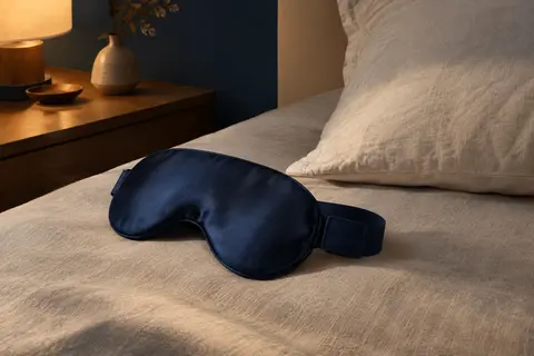 Masque de nuit ample en soie de mûrier bleu marine posé sur du lin dans une chambre tamisée