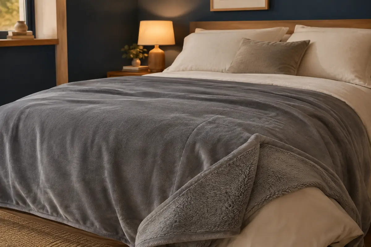 Couverture chauffante grise en flanelle double face, posée sur un lit dans une chambre à la lumière douce.