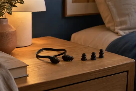 Paire de bouchons d’oreilles noirs en silicone avec plusieurs embouts posés sur une table de chevet