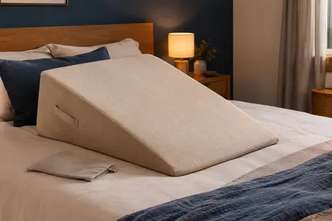Coussin cale incliné beige de 60 cm posé sur un lit, avec housse textile et cordon de préhension.