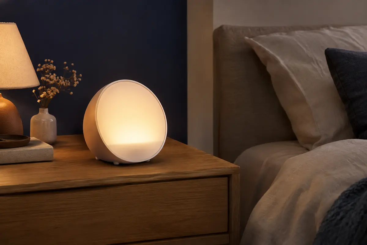 Réveil lumineux blanc posé sur une table de chevet en bois dans une chambre aux tons doux.