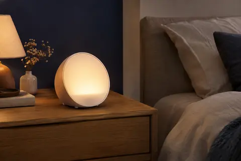 Réveil lumineux blanc posé sur une table de chevet en bois dans une chambre aux tons doux.