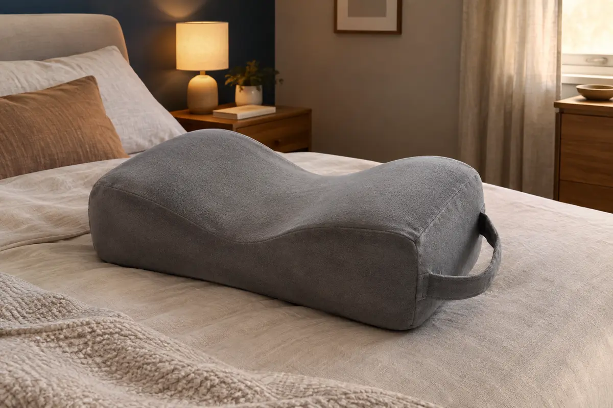 Coussin de genoux gris extra large avec poignée, posé sur un lit dans une chambre aux tons doux.