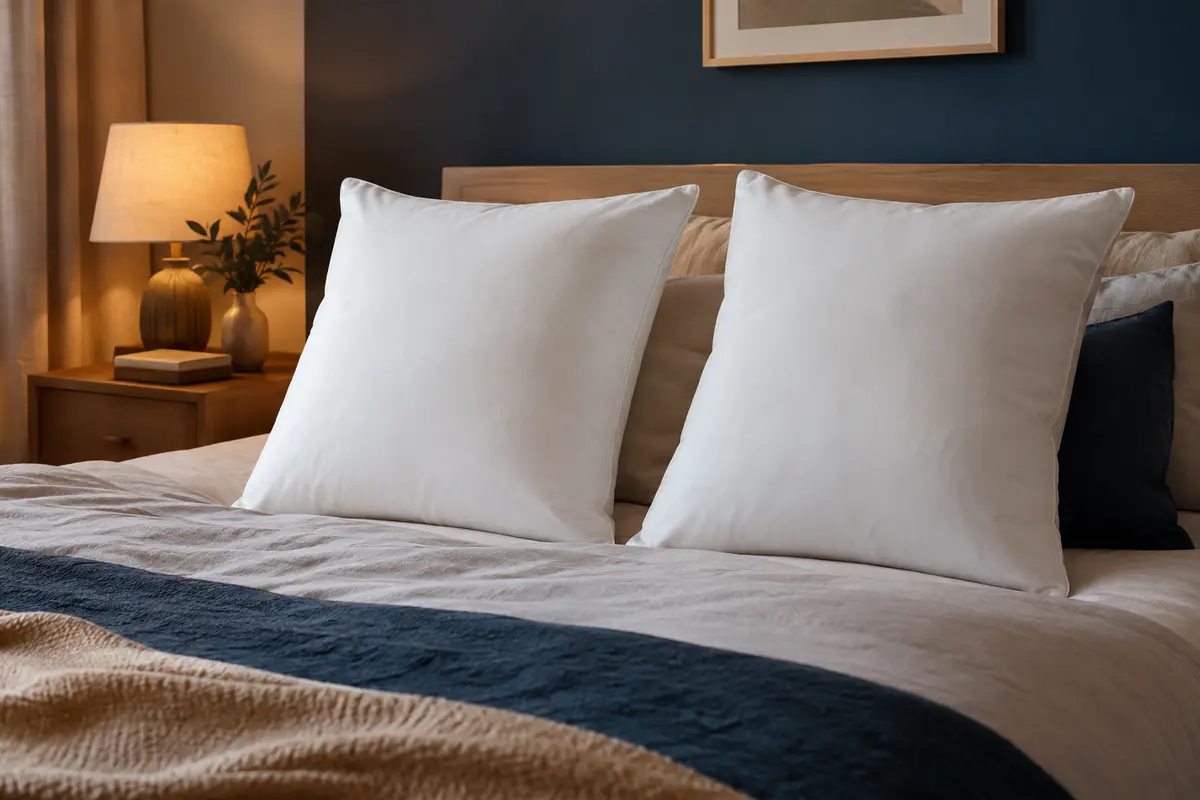 Deux oreillers carrés blancs à mémoire de forme posés sur un lit dans une chambre aux tons doux
