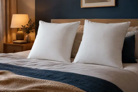 Deux oreillers carrés blancs à mémoire de forme posés sur un lit dans une chambre aux tons doux