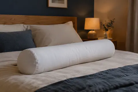 Traversin cylindrique blanc en polyester posé sur un lit dans une chambre calme aux tons doux
