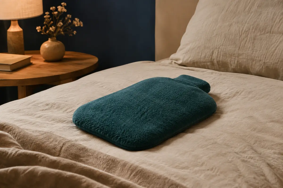 Bouillotte à eau dans sa housse en polaire vert bleu, posée sur un lit aux tons crème.