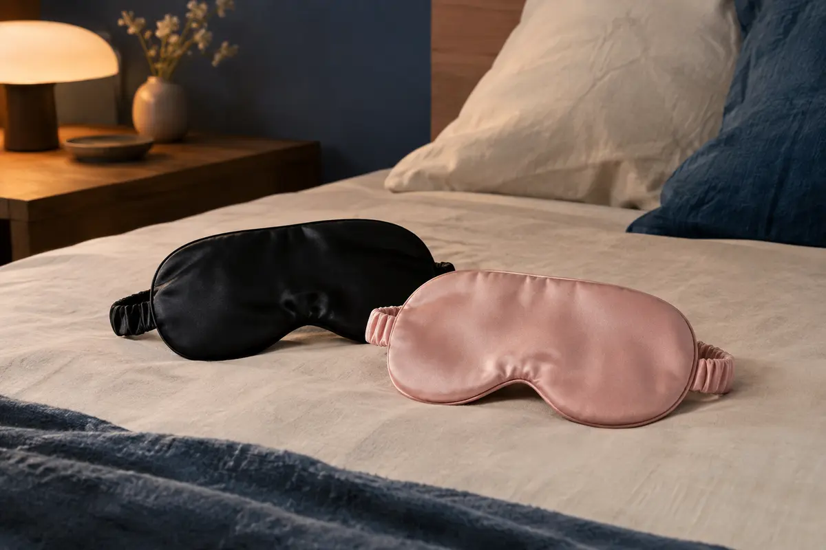 Deux masques de sommeil en soie, l’un noir et l’autre rose, posés sur un lit dans une chambre tamisée.