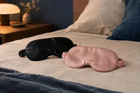 Deux masques de sommeil en soie, l’un noir et l’autre rose, posés sur un lit dans une chambre tamisée.